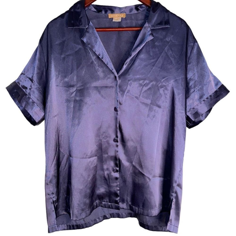 Sensara Womens XL Luxe Blue Satin Short Sleeve Button Front Pj Blouse